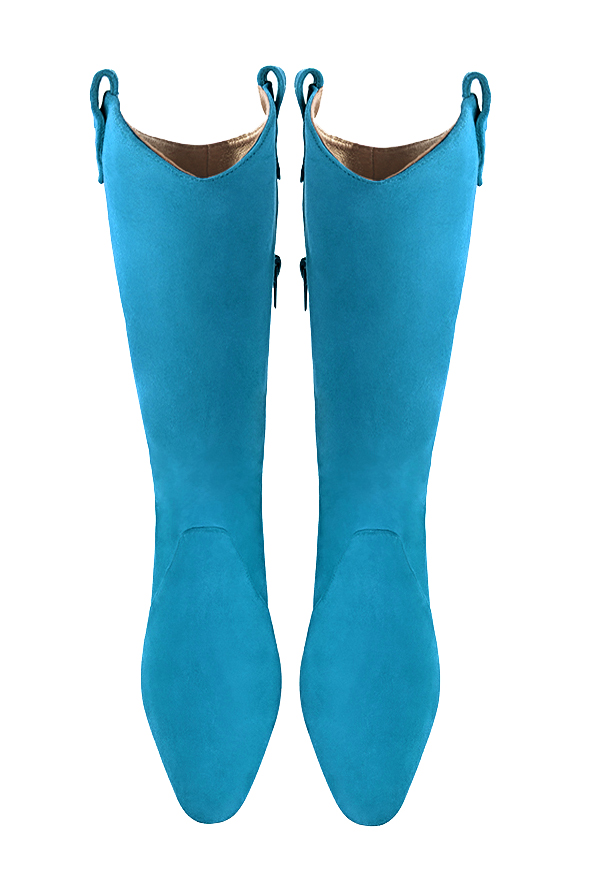 Turquoise blue women's mid-calf boots. Round toe. Medium block heels. Made to measure. Top view - Florence KOOIJMAN